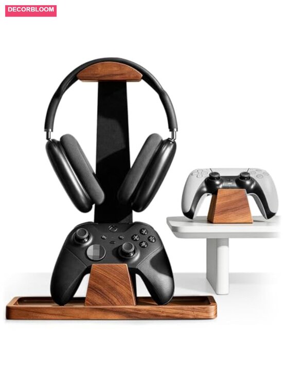 Other - Solid Wood Gaming Headset Stand with Dual Controller Holders Desk Organizer